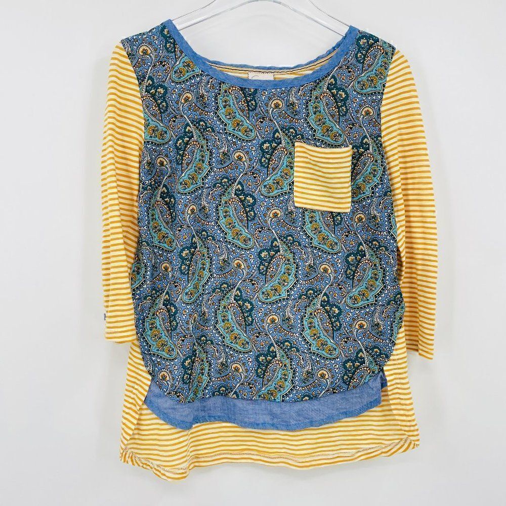 Postmark Anthropologie Size XS Blue & Yellow Paisley Print Striped Tunic Top
